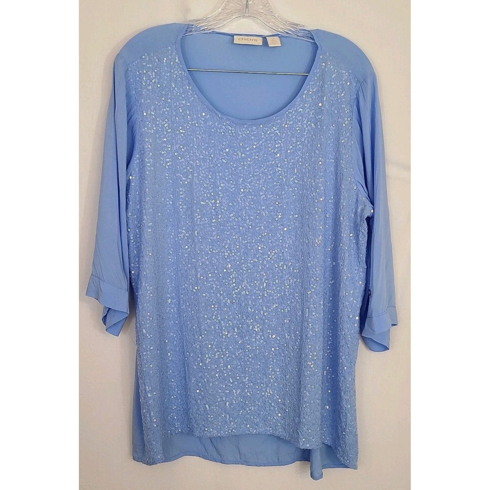 Chicos Sz 2 Resort Beach Vacation Hippie Boho Light Blue Sequin Sheer Tunic Top